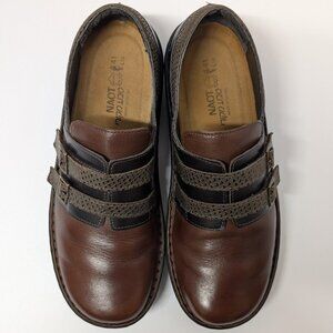 Naot Celesta Leather Double Buckle Shoes in Saddle/Antique/Latte Brown